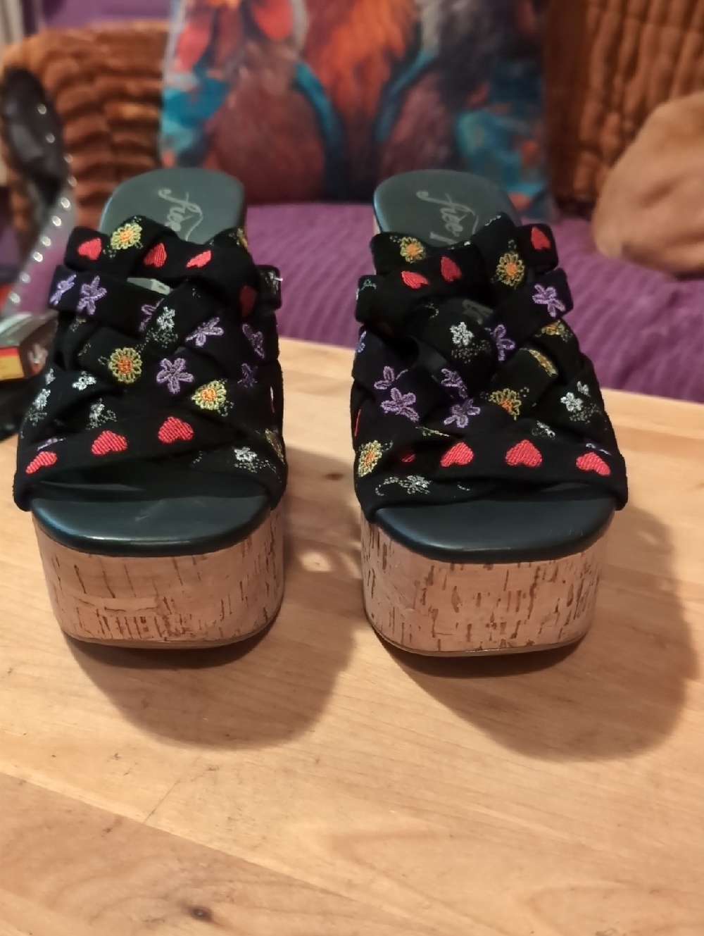 Embroidered Black Leather Platform Slide Sandals - Women
